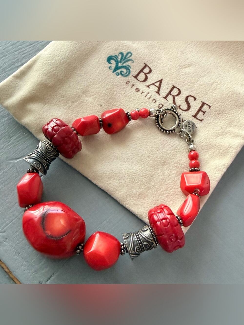 Barse 925 Sterling Silver & Corral Beaded Toggle Bracelet